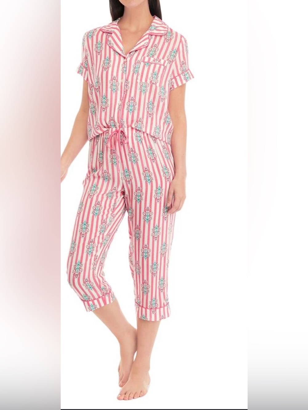 Crown Ivy Pjs Pink Striped Floral Drawstring Capri